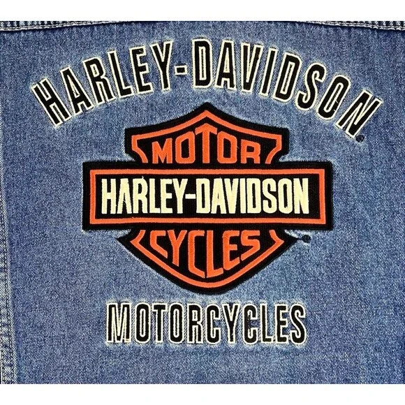 Harley Davidson Motorcycles Embroidered Patch Denim Vest Jacket Blue Mens XL - Picture 3 of 10
